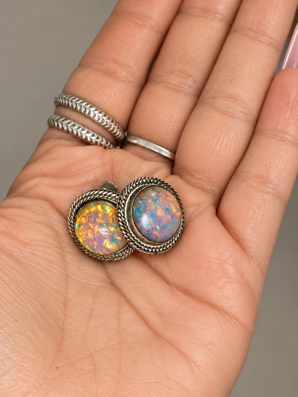 Vintage Sterling Silver Opal Screw Back Earrings Colorful Fire Opal Rope Bezel
